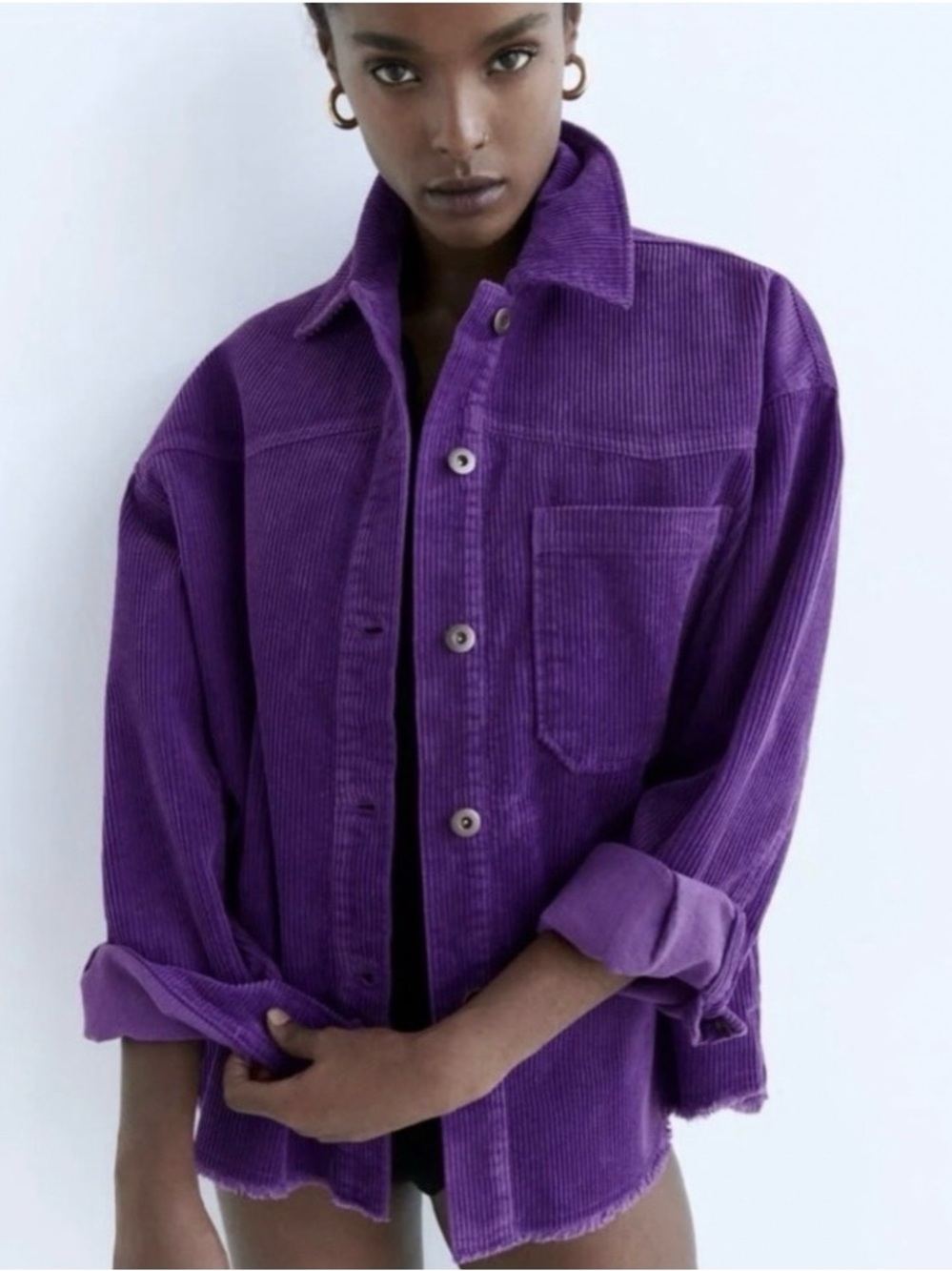 Zara Purple Wide Wale Corduroy Oversized Shacket Button Down Jacket, Pockets, XS